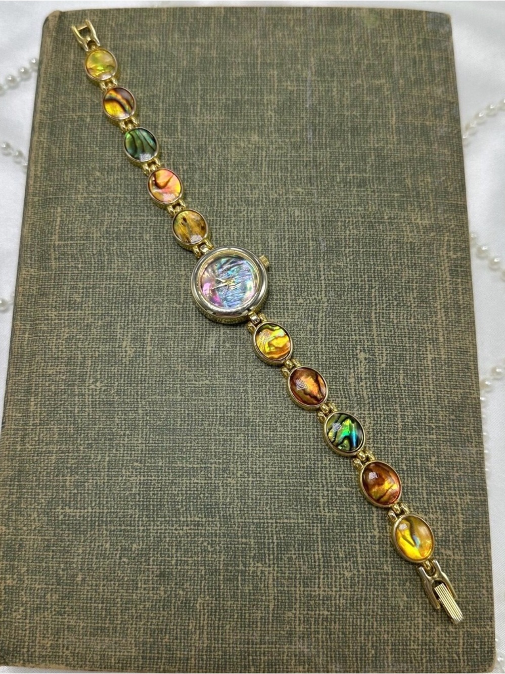 Whimsical Vintage Y2K Gold Tone Abalone Dial Stone Watch Bracelet